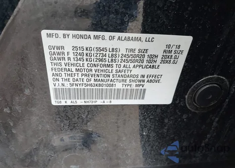 2019 Honda Pilot Touring from USA, damaged, VIN 5FNYF5H63KB010081